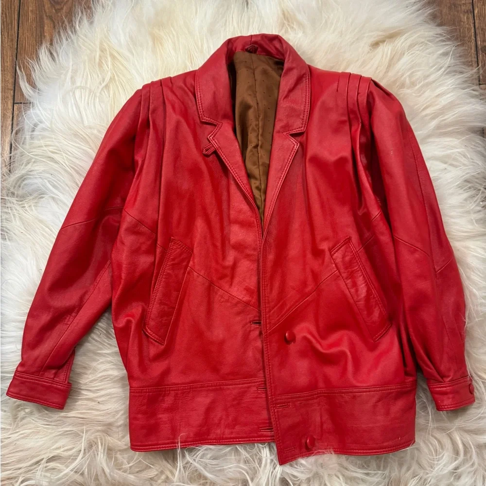 vintage red leather european moto oversized jacket